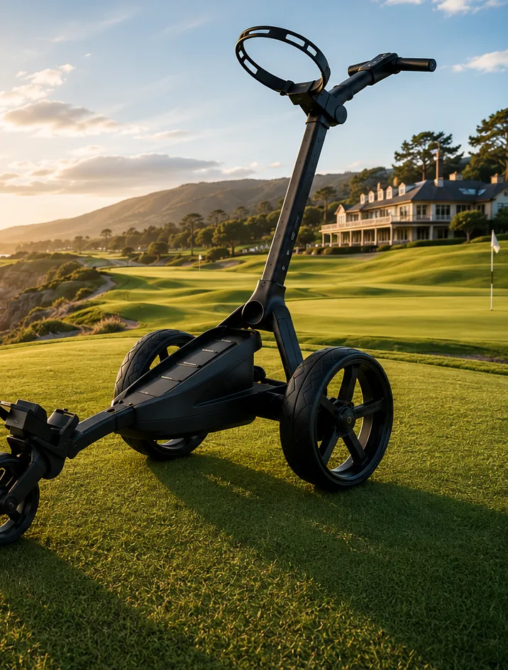 Motocaddy electric golf trolley on the fairway at sunset